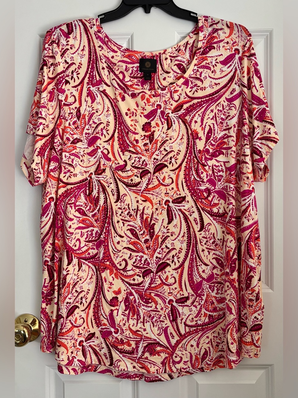 JM Collection Cream Top with Pink and Coral Paisley Print
